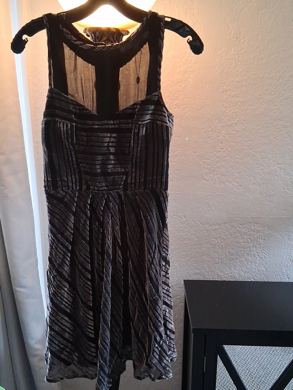 Striped  Velvet Burnout Midi Dress  with Sheer Yoke